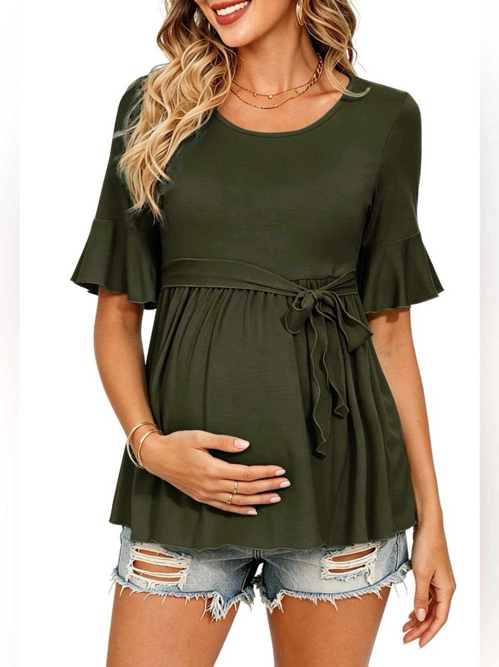 Wooxio Olive Green Maternity Tie-Waist Ruffle Sleeve Top